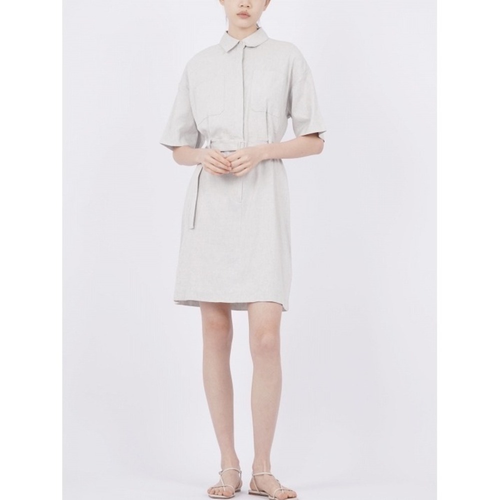Theory NWT Good Linen Belted Utility Shirt Dress 8 Nickel Eco Sharkskin Neutral